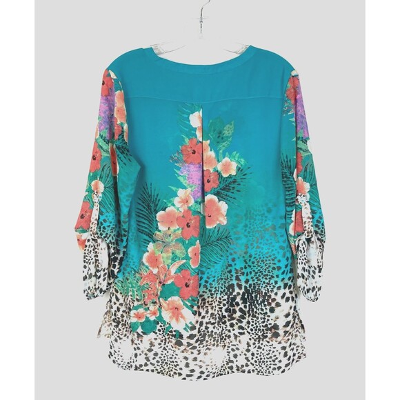 Soft Surroundings Sheer Popover Blouse Size PS Green Floral Animal Tropical - Picture 6 of 8